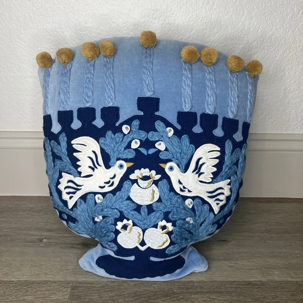 Hanukah Menorah Throw Pillow Velvet Blue Beautiful